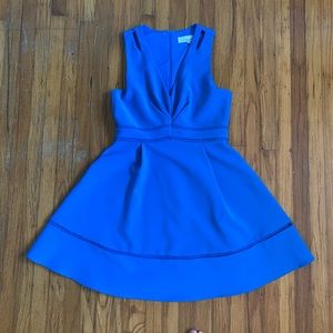 Blue, sleeveless, v neck, skater dress with zip up back.